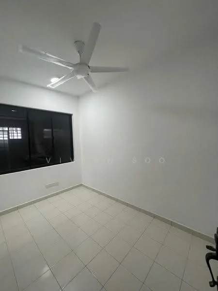 Room features: white painted walls, tile flooring, ceiling fan, large window with black frame, neutral color scheme; style: minimalist.