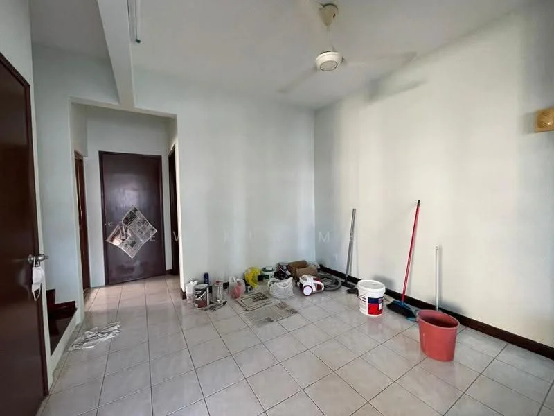Room features: white painted walls, tile flooring, ceiling fan, doorway leading to another room, cleaning supplies, paint buckets, broom, mop, plastic bucket.