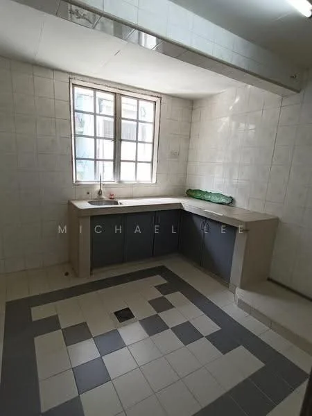 Kitchen features: white tiled walls, grey cabinetry, laminate countertop, single-bowl stainless-steel sink, window with grid pattern, tile flooring with geometric pattern, corner countertop, no visible appliances.