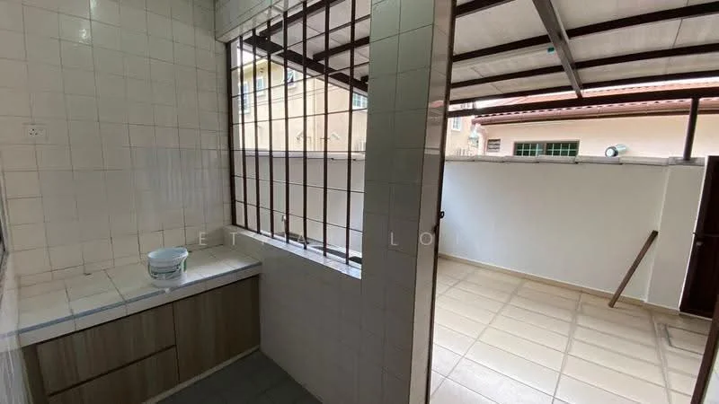 Laundry features: white tiled walls, grey tiled flooring, wood cabinetry, single-bowl sink, window with security bars, open layout, natural light from window. Room features: white walls, grey tiled flooring, covered roof, open space, natural light.