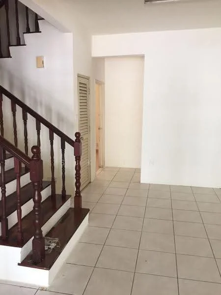 Room features: staircase with wooden railing, white painted walls, tile flooring, doorway leading to another room, light fixture on ceiling, open space layout; style: modern.