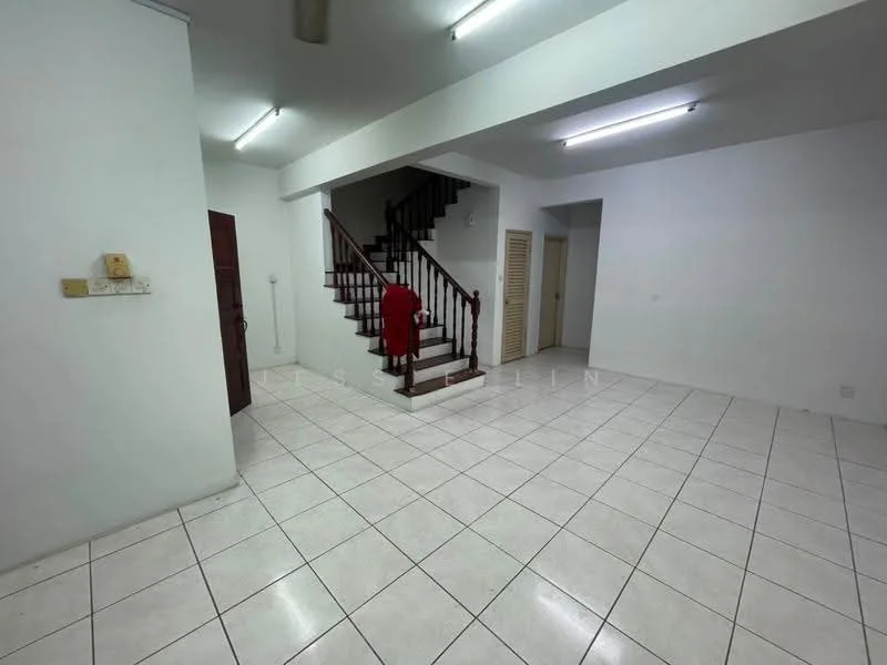Room features: white painted walls, white ceiling, ceramic tile flooring, staircase with wooden railing, recessed ceiling lights, doorway leading to another room, open space layout, no visible furniture; style: modern.