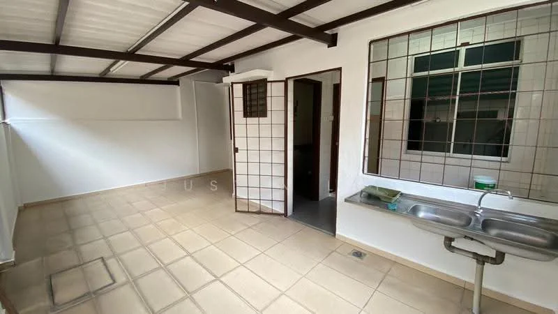 Room features: white painted walls, tile flooring, metal roof with exposed beams, two-bowl stainless-steel sink, wall-mounted faucet, window with grid pattern, open layout, no visible cabinetry, light source from window; style: modern.