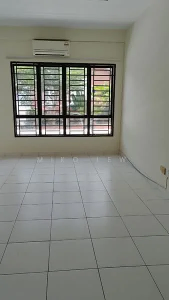 Room features: white painted walls, white tiled flooring, 1 wall-mounted split AC, black metal window frames, multiple windows with grid pattern, natural light from windows.