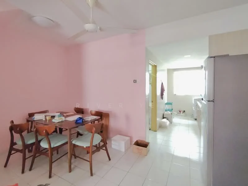 Dining features: pink painted walls, white tiled flooring, ceiling fan, dining table with 6 chairs, light-colored wooden dining chairs, area rug, window with natural light. Kitchen features: white tiled flooring, refrigerator, utility area with washing machine, window with natural light.