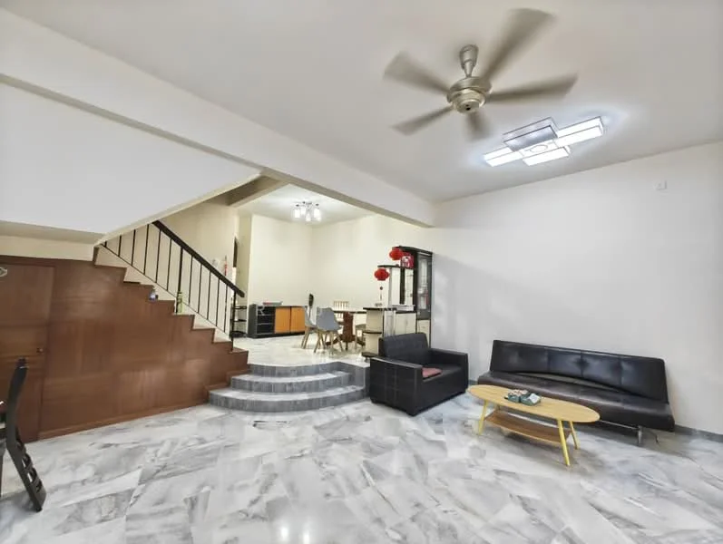 Living features: marble flooring, white painted walls, 5-blade ceiling fan with light, sofa in black leather, coffee table with wooden legs, staircase with wooden railing, recessed ceiling lights, decorative wall unit, open layout to dining area; style: modern. Room features: white painted walls, marble flooring.