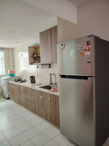 Kitchen features: stainless-steel fridge, built-in kitchen cabinets in light wood, white countertop, gas stove with two burners, kettle, white tiled backsplash, white ceramic tile flooring, window with natural light, sink with faucet; style: modern.