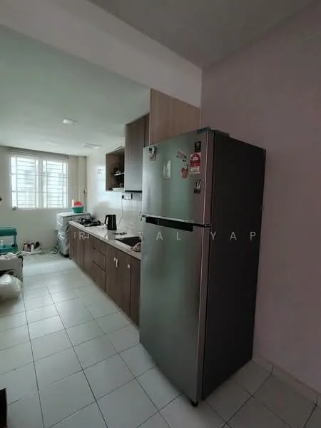 Kitchen features: stainless-steel fridge, white cabinets, grey countertop, ceramic tile flooring, wall-mounted cabinets, kettle, microwave, sink, window with natural light, light fixture, open shelving, dishwasher, laundry area, white walls; style: modern.