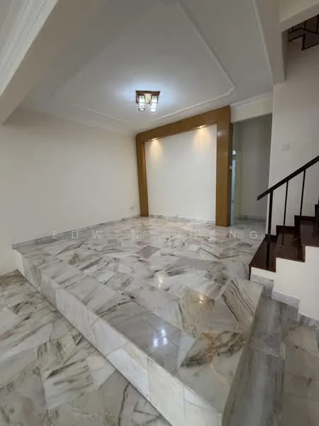 Room features: marble flooring, white painted walls, tray ceiling, chandelier, step-up platform, decorative wall feature, staircase, natural light from windows; style: modern.