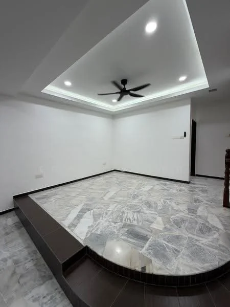 Room features: white painted walls, marble flooring, recessed downlights, 5-blade ceiling fan, tray ceiling with LED strip lighting, step-down area with dark tile border; style: modern.
