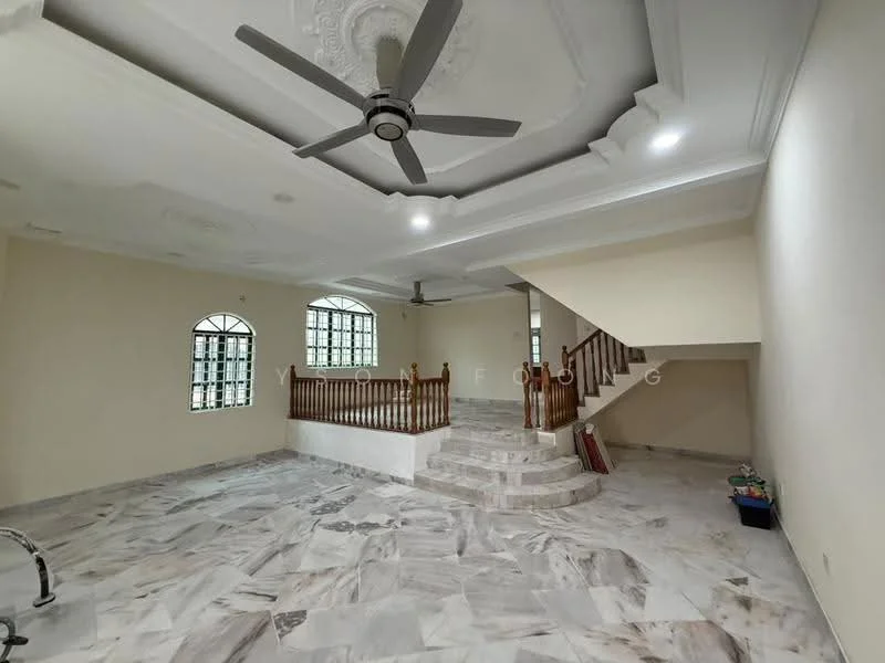 Living features: marble flooring, white painted walls, tray ceiling with decorative moulding, 5-blade ceiling fan with light, 2 floor-to-ceiling windows, staircase with wooden railing, open layout, natural light from windows; style: modern.