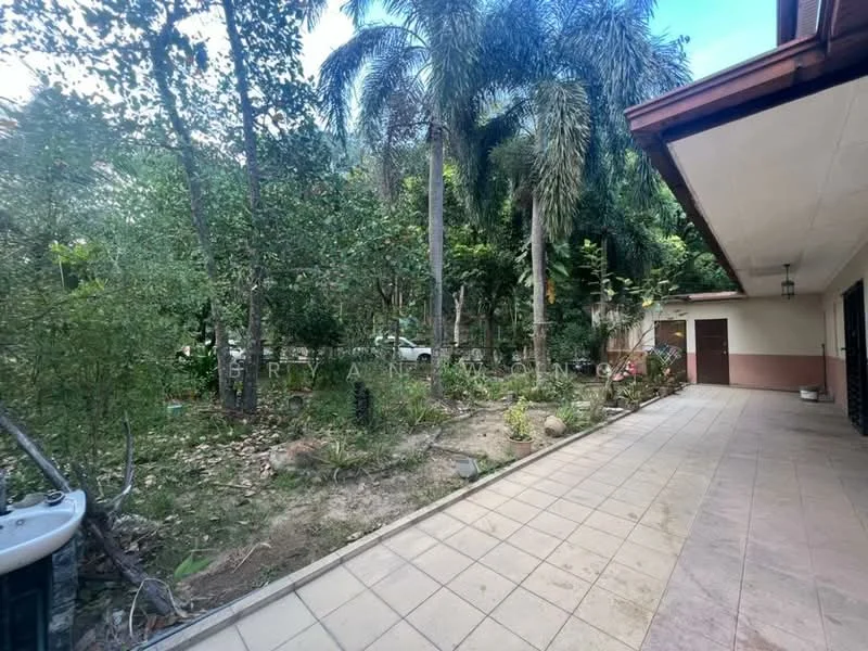 Exterior features: tiled flooring, landscaped garden, mature trees, paved walkway, surrounded by greenery, outdoor space, adjacent to building.