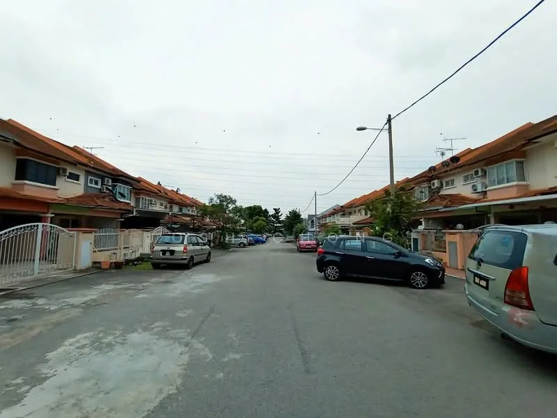 Exterior type: linked terrace house; features: two-storey linked terrace houses, orange tiled roofs, white painted facade, driveways for parking, visible air conditioning units, street view with overhead power lines, manicured landscaping, paved road surface; style: modern.