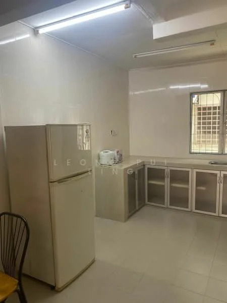 Kitchen features: white tiled walls, white ceiling, white cabinetry with glass fronts, countertop with no visible material, single-bowl fridge, built-in microwave, window with grid pattern, tile flooring, stainless-steel sink, kitchen table with chair; style: modern.