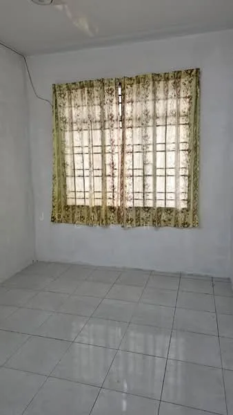 Room features: white painted walls, glazed tile flooring, curtains with floral pattern, multiple windows with grid design, ceiling fan.