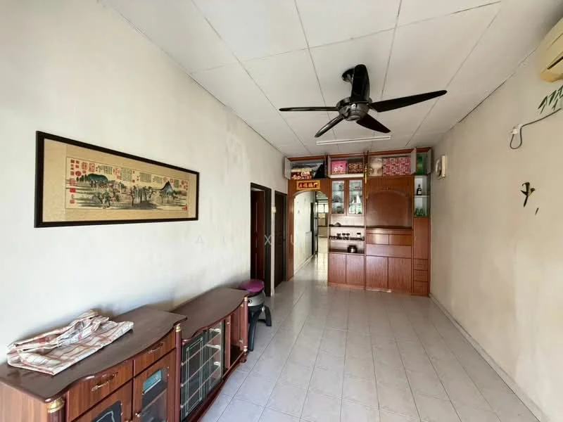 Living features: white painted walls, tile flooring, 5-blade ceiling fan, wall-mounted air conditioning unit, wooden cabinetry, framed artwork on wall, open space layout, doorway leading to other rooms.