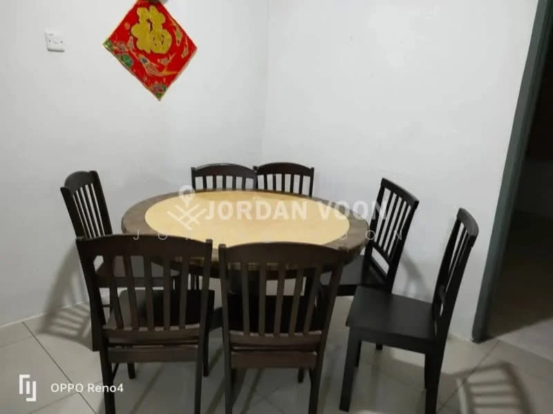 Dining features: round dining table with wooden top, 6 wooden dining chairs, white painted walls, tile flooring, decorative wall art, neutral color scheme; style: modern.