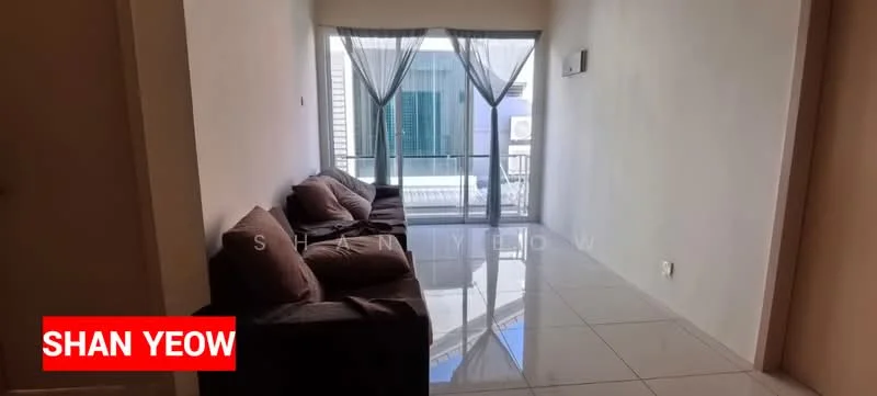 Living features: brown fabric sofa, white tiled flooring, large sliding glass door, sheer curtains, neutral painted walls, air conditioning unit visible, wall-mounted light fixture, open layout to balcony; style: modern.