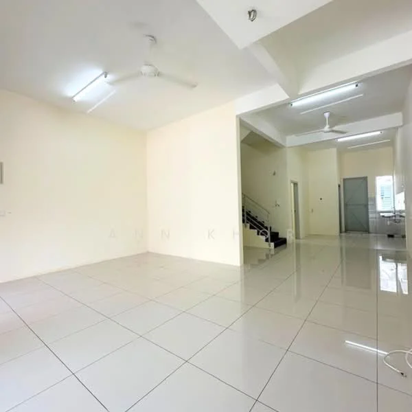 Living features: white painted walls, glossy ceramic tile flooring, 2 ceiling fans, recessed downlights, large windows for natural light, open layout, staircase visible in background, neutral color scheme; style: modern.