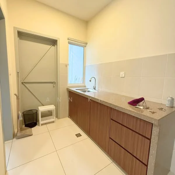 Kitchen features: single-bowl stainless-steel sink, chrome pull-down faucet, laminate countertop, wood cabinetry, white tiled backsplash, ceramic tile flooring, window with natural light, door leading to outside, trash bin, cleaning supplies, white shelving unit; style: modern.