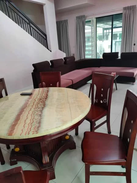 Living features: L-shape sectional sofa in dark brown, pink upholstered cushions on sofa, round dining table with marble top, wooden dining chairs, white walls, large sliding glass door, floor-to-ceiling windows, curtains, tile flooring; style: modern.
