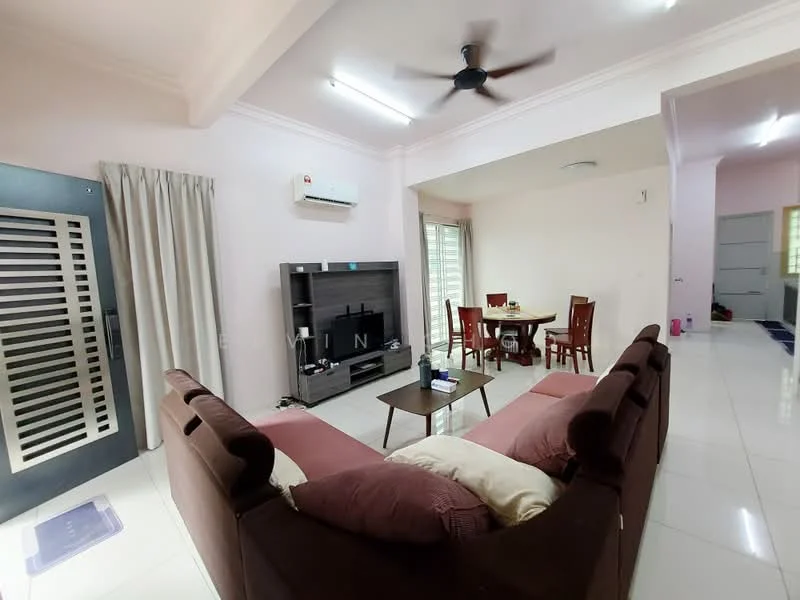 Living features: 3-seater fabric sofa in brown, 2 cushions on sofa, coffee table, wall-mounted TV, TV console, ceiling fan, recessed LED downlights, white walls, glossy tile flooring, curtains, air conditioning unit; style: modern. Dining features: 4-seater dining table, wooden dining chairs, light fixture above table; style: modern.