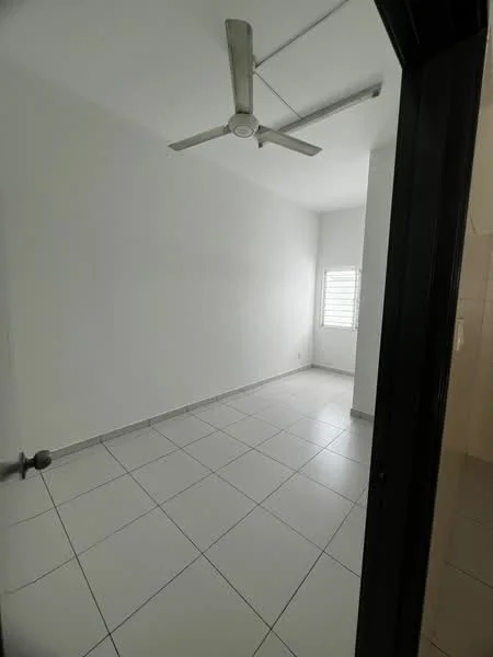 Room features: white painted walls, tile flooring, ceiling fan, window with horizontal slats, natural light from window.