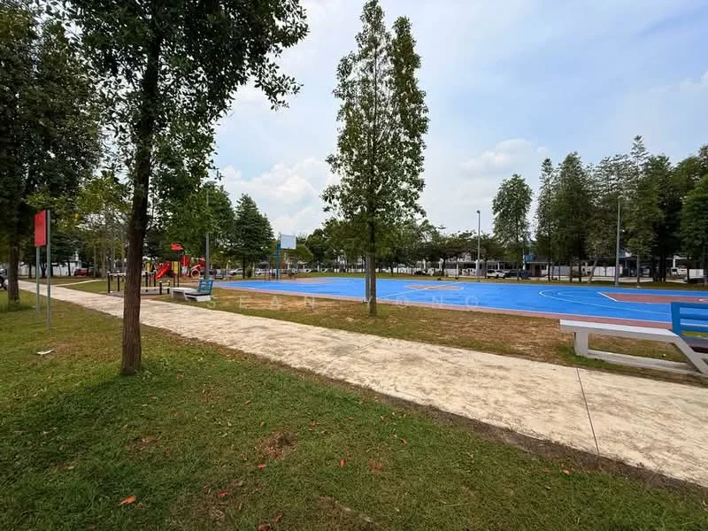 Exterior type: landscape garden; features: manicured lawn, mature trees, playground equipment, basketball court with blue surface, walking path, park benches, surrounding greenery, open space; style: modern.