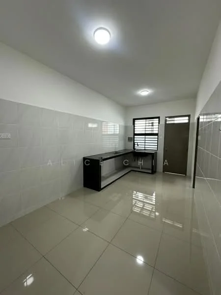 Kitchen features: white tiled walls, glossy beige floor tiles, black countertop, single-bowl stainless-steel sink, chrome pull-down faucet, window with horizontal slats, door to exterior, recessed ceiling lights; style: modern.