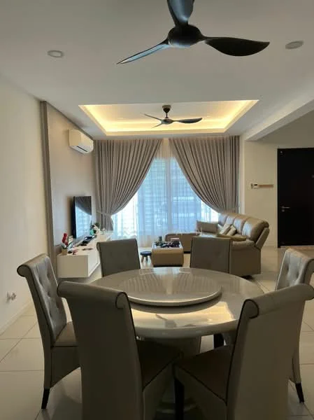 Dining features: round dining table, upholstered dining chairs, 5-blade ceiling fan with light, recessed downlights, floor-to-ceiling windows, sheer curtains, cream painted walls, tile flooring, TV console, sofa in beige, decorative items on table; style: modern; view: city.