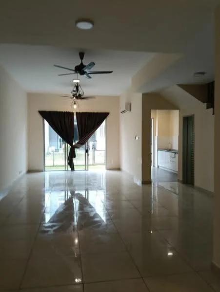 Living features: cream painted walls, polished ceramic tile flooring, 5-blade ceiling fan with light, floor-to-ceiling windows, sliding glass door, sheer curtains, recessed downlights, open layout to kitchen, natural light from windows, access to outdoor space; style: modern; view: garden.