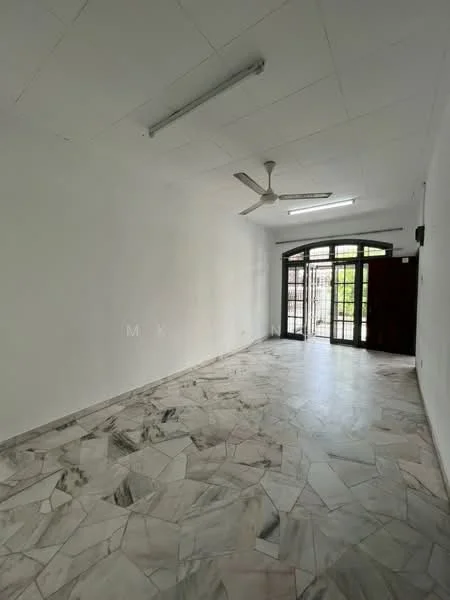 Living features: marble flooring, white painted walls, dropped ceiling, 5-blade ceiling fan, floor-to-ceiling windows, double-door entrance, natural light from windows.