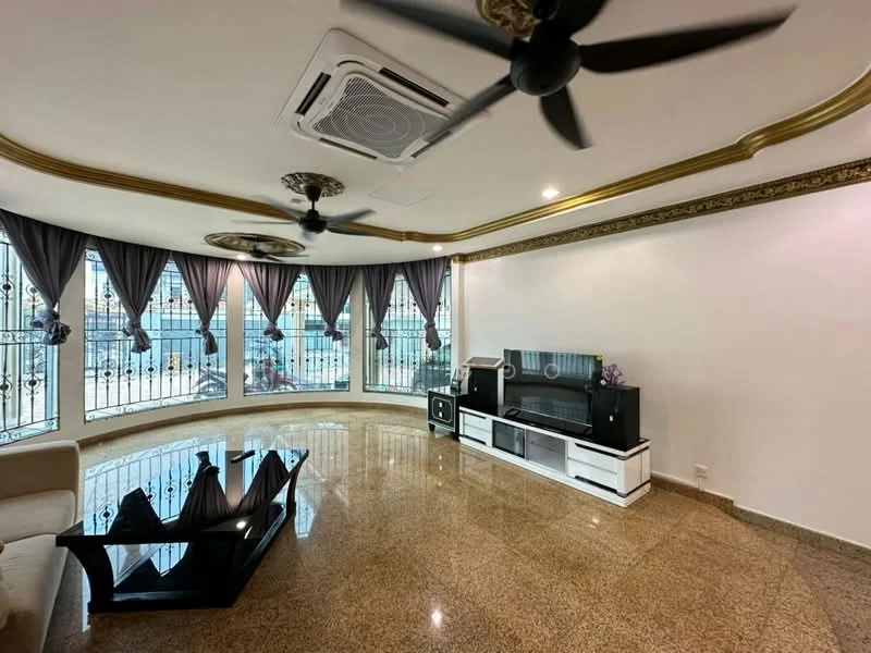 Living features: cream painted walls, exposed ceiling with decorative molding, 5-blade ceiling fan with light, recessed downlights, large windows with sheer curtains, black glass coffee table, white TV console, black entertainment unit, polished granite flooring, decorative wall trim; style: contemporary; view: city.