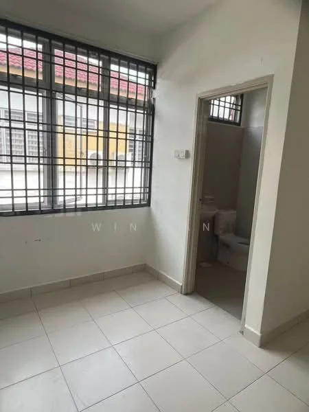 Room features: white painted walls, tile flooring, large windows with security bars, neutral color scheme, doorway leading to bathroom, natural light from windows, corner room layout; style: modern.