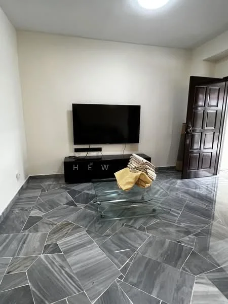 Living features: grey marble tile flooring, white painted walls, wall-mounted TV, glass coffee table, dark wooden console unit, decorative stack of magazines, recessed ceiling light, open doorway, neutral color palette; style: modern.