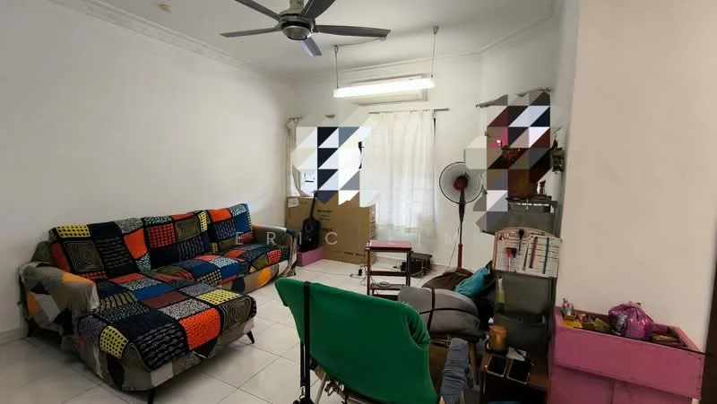 Living features: 3-seater fabric sofa with colorful patchwork, ceiling fan, white painted walls, tile flooring, large window with sheer curtains, wall-mounted fan, coffee table, decorative storage boxes, area rug, wall-mounted shelving unit.