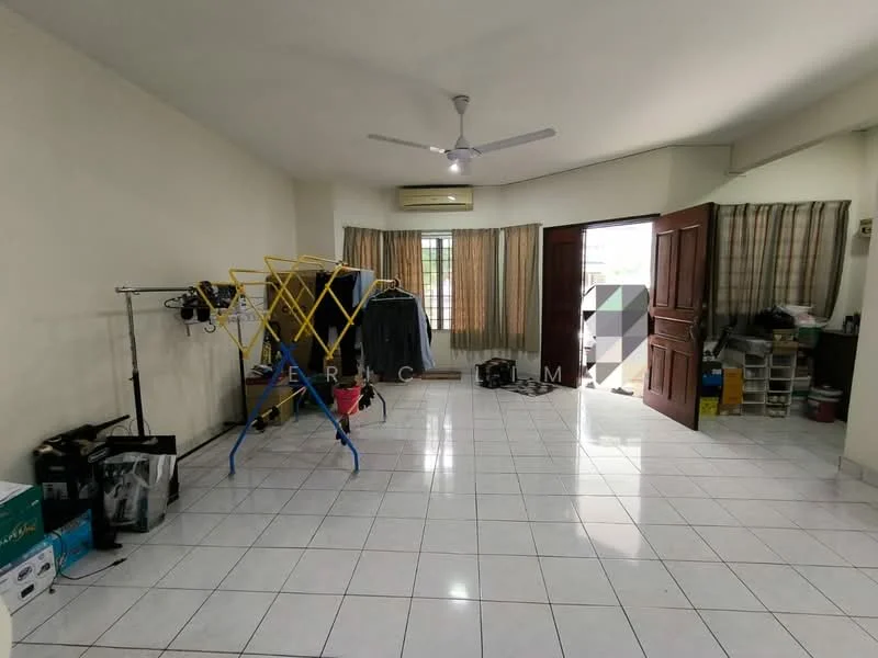 Room features: white painted walls, glossy white tile flooring, ceiling fan, large windows with sheer curtains, double wooden doors, clothes drying rack, laundry basket, storage cabinets, open layout; style: modern.