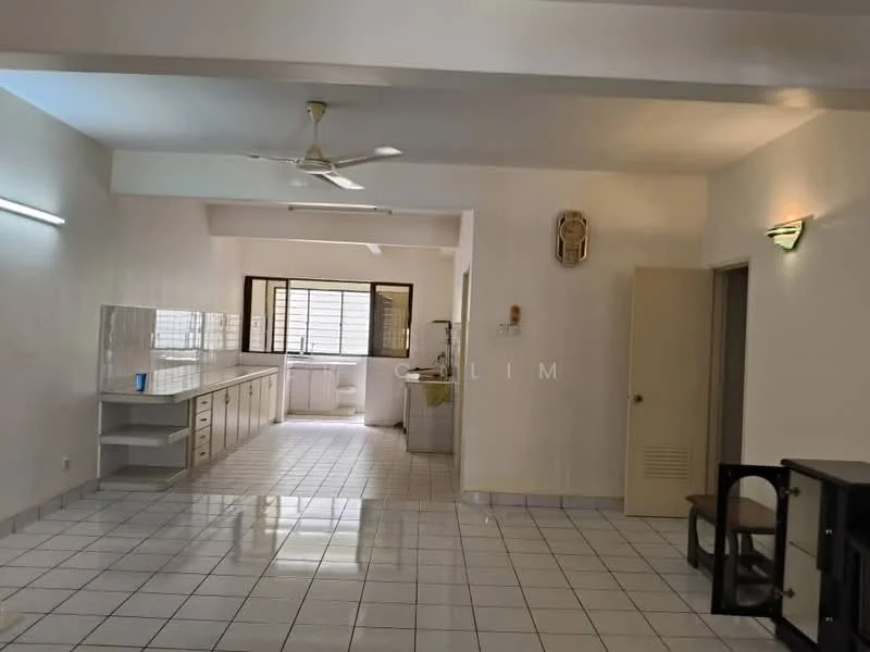 Room features: white painted walls, ceramic tile flooring, 5-blade ceiling fan, window with grid pattern, kitchen cabinetry with countertop, sink, light fixtures on walls, open layout; style: modern.