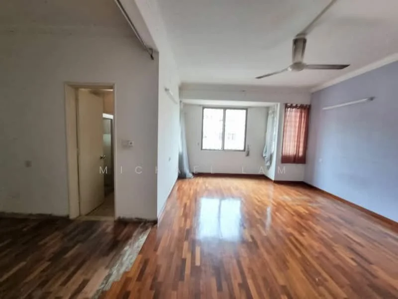 Room features: wooden flooring, white painted walls, light purple accent wall, ceiling fan, large window with sheer curtains, doorway leading to another room, natural light, baseboards; style: modern.