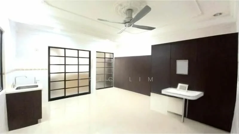 Bathroom features: white painted walls, glossy tile flooring, 5-blade ceiling fan, dark wood cabinetry, white sink with countertop, built-in mirror, glass partition, window for natural light; style: modern.