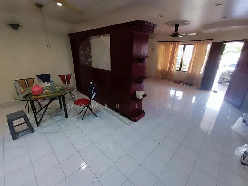 Living features: white tiled flooring, cream painted walls, ceiling fan, recessed downlights, large windows with sheer curtains, wooden feature wall, dining table with glass top, four dining chairs, small stool, open layout, natural light from windows; style: modern.