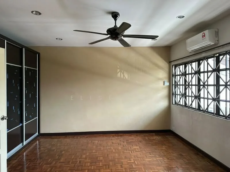 Room features: wooden flooring, cream painted walls, 5-blade ceiling fan, wall-mounted split AC, window with metal grille, built-in wardrobe with sliding doors, recessed lighting, natural light from window.