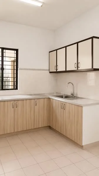 Kitchen features: laminate cabinetry in light wood finish, white countertop, single-bowl stainless-steel sink, chrome pull-down faucet, tile backsplash, cream painted walls, window with black security bars, fluorescent ceiling light, ceramic tile flooring; style: modern.