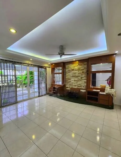 Living features: white painted walls, tray ceiling with recessed lighting, 5-blade ceiling fan with light, large sliding glass doors, stone feature wall, tile flooring, built-in wooden cabinetry, natural light from windows, greenery view from windows; style: modern; view: garden.