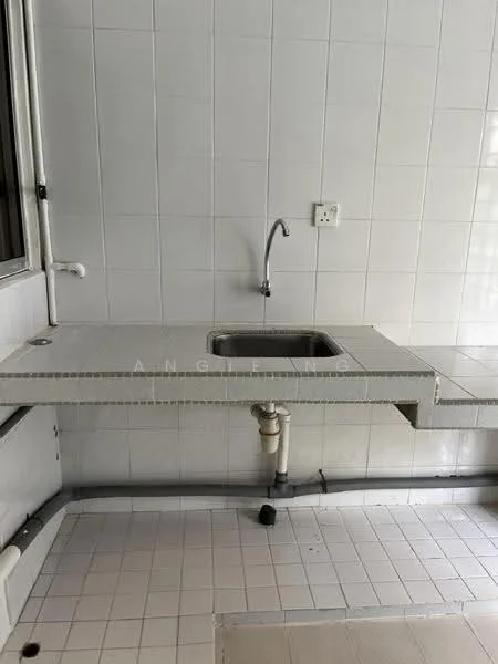 Kitchen features: single-bowl stainless-steel sink, chrome pull-down faucet, white tiled walls, white tiled flooring, countertop with tile edging, exposed plumbing, window for natural light, minimalist design; style: modern.