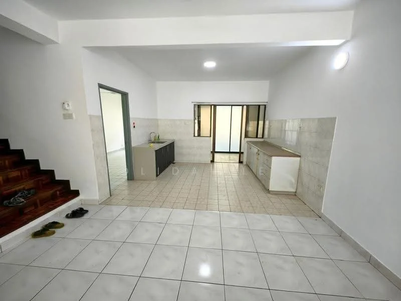 Room features: white painted walls, tile flooring, recessed downlights, kitchen cabinetry with countertop, sliding glass door, staircase with wooden steps, open layout, window with natural light; style: modern.