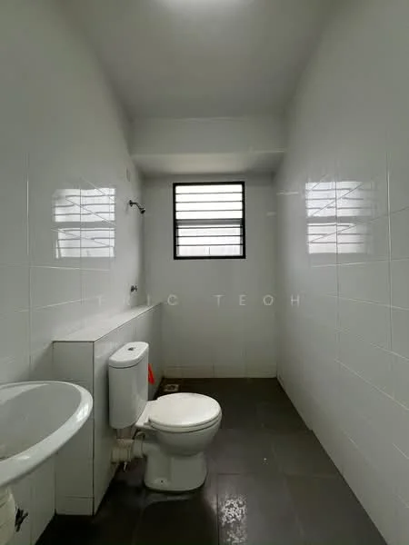 Bathroom features: white tiled walls, grey tiled flooring, one-piece toilet, sink with cabinet, shower head, window with horizontal bars; style: minimalist.
