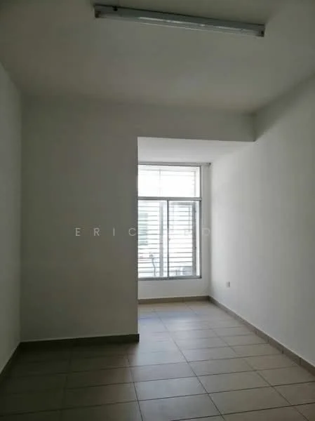 Room features: white painted walls, tile flooring, large window with horizontal slats, fluorescent ceiling light.
