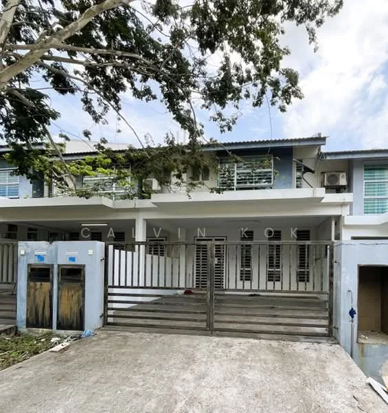 Exterior type: linked terrace house; features: two-storey building, grey painted facade, white window frames, balconies on upper floor, manicured front garden, two car porch gates, air conditioning units visible, concrete driveway, surrounded by trees, sliding glass doors, security gate at entrance; style: modern.