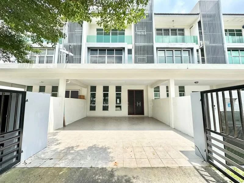 Exterior type: linked terrace house; features: white painted facade, glass windows, horizontal louvre screens, front porch with tiled flooring, manicured landscaping, gated entry, two-storey structure, balconies on upper level; style: modern.